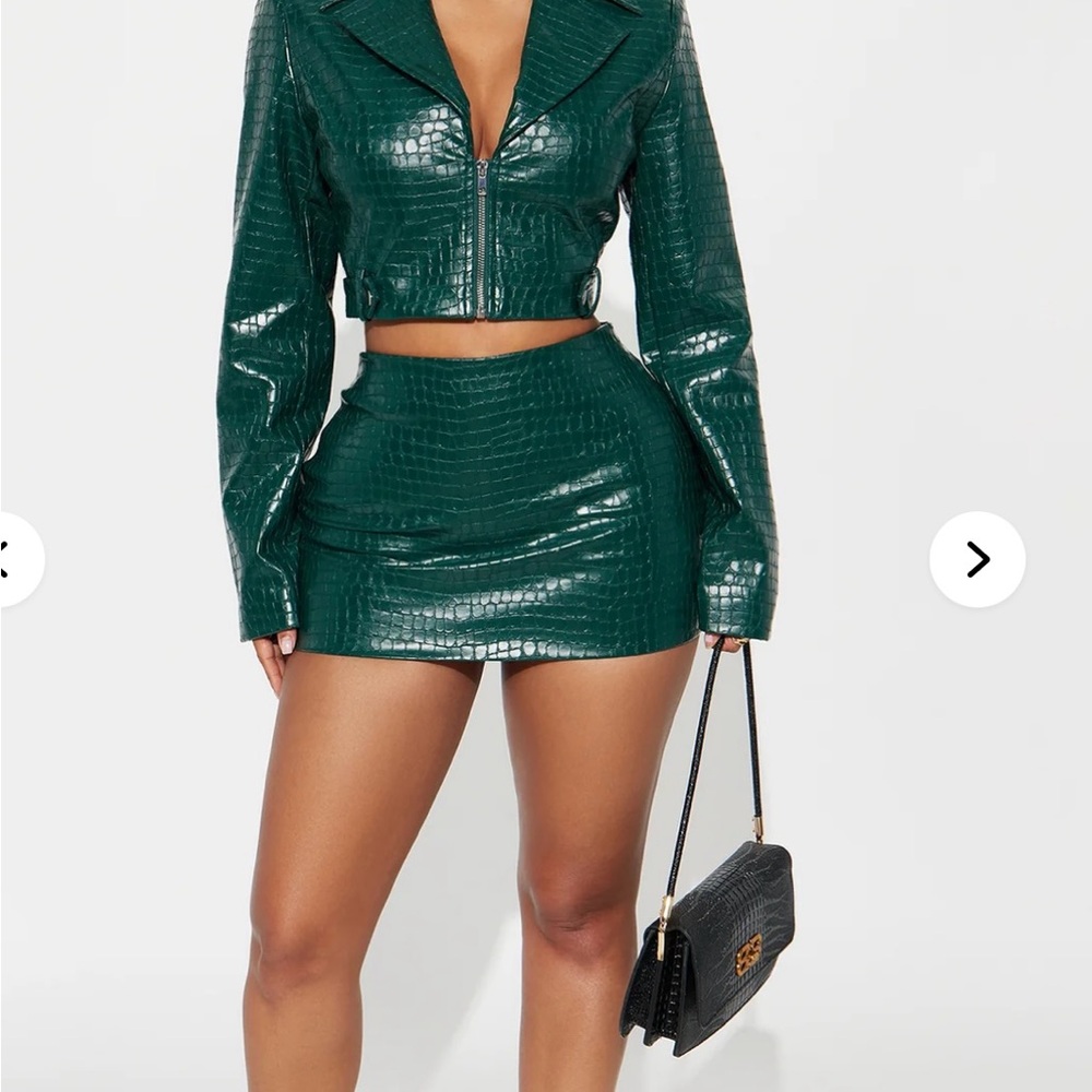 Green Croc-Embossed Jacket and Skirt Set